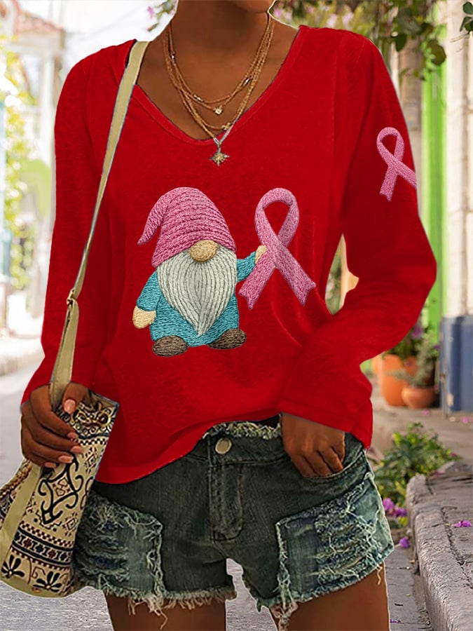 Women's Breast Cancer Awareness Print Long Sleeve V-Neck T-Shirt