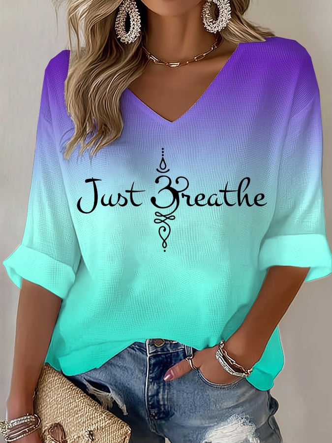 Women's Just Breathe Print V Neck T-shirt