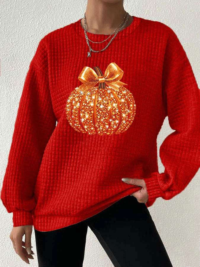 Women's Autumn Sequin Pumpkin Print Gingham Crew Neck Sweatshirt