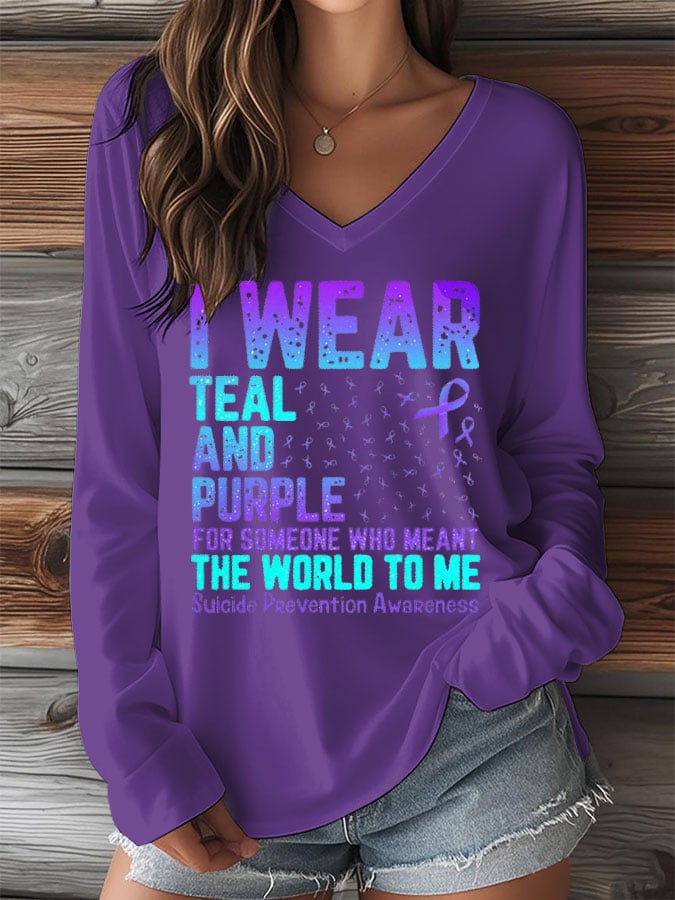 Women's Mental Health Print V-Neck Long Sleeve T-Shirt