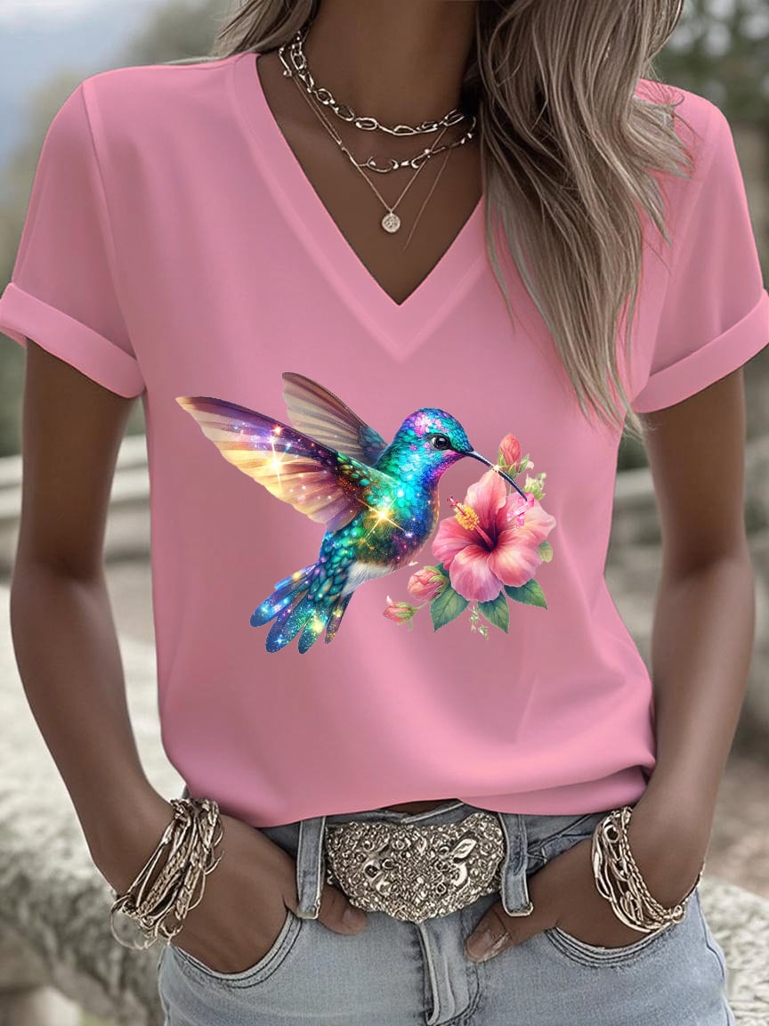 Women's Breast Cancer Awareness Hummingbird And Flower Print Short Sleeve T-Shirt