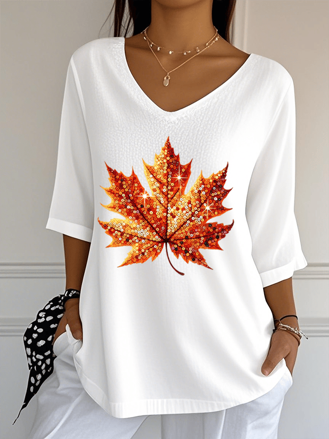 Women's Sequined Maple Leaf Pumpkin Printed Jacquard Fabric Casual V-Neck Top