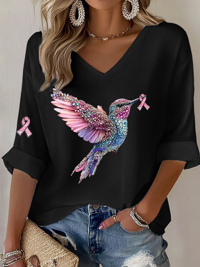 Women's Casual Breast Cancer Pink Hummingbird Ribbon Print Long Sleeve T-shirt