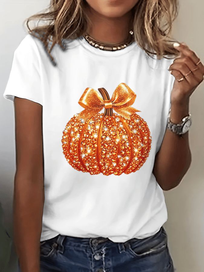 Women's Autumn Sequin Pumpkin Print Crew Neck T-Shirt