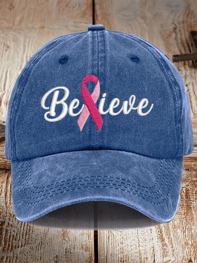 Breast Cancer Believe Ribbon Print Hat