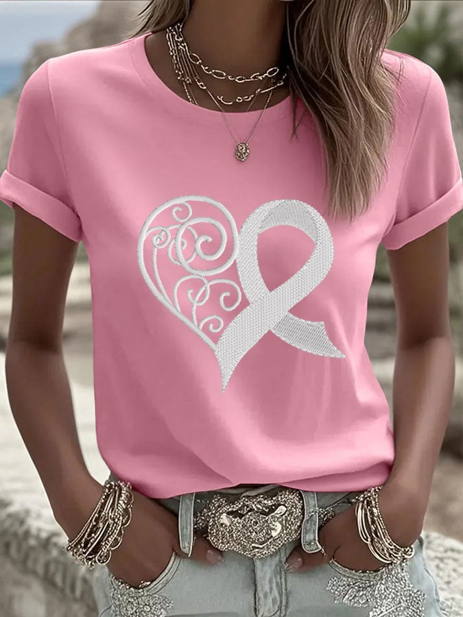 Women's Breast Cancer Heart Print Casual T-shirt