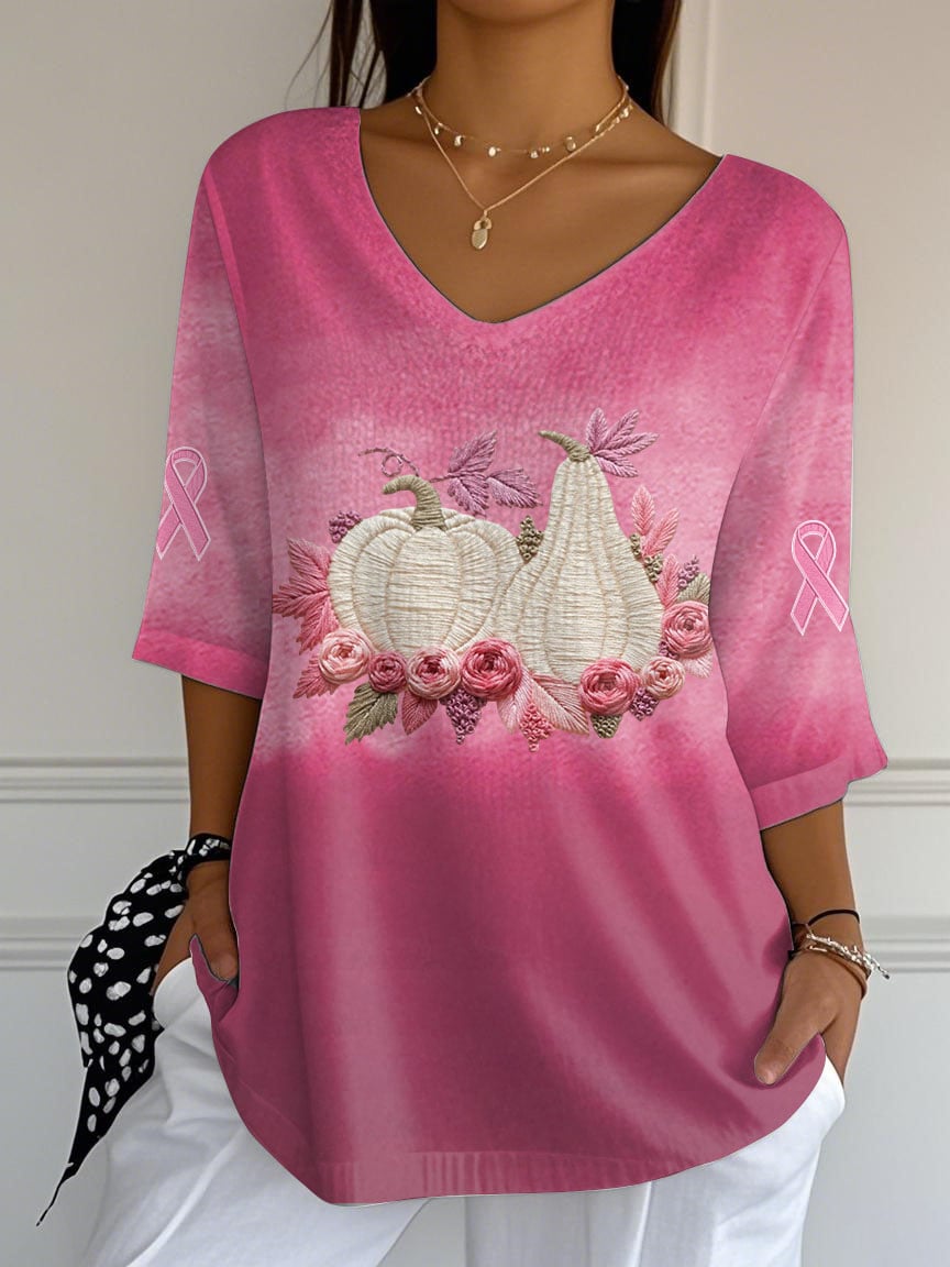 Women's Pink Pumpkin Ribbon Print Mid Sleeve T-Shirt