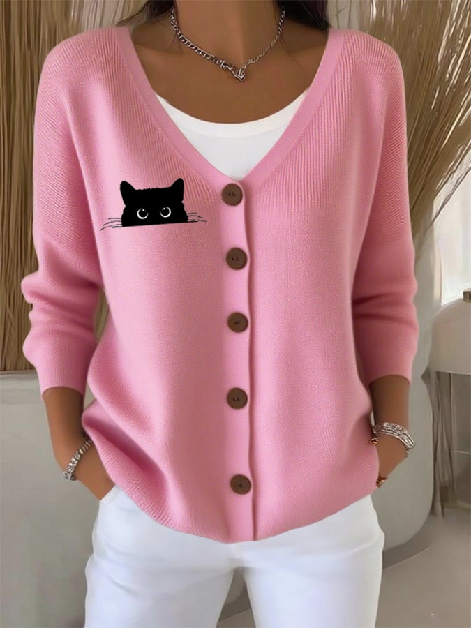 Women's Autumn Cute Black Cat Print Casual Sweater Cardigan