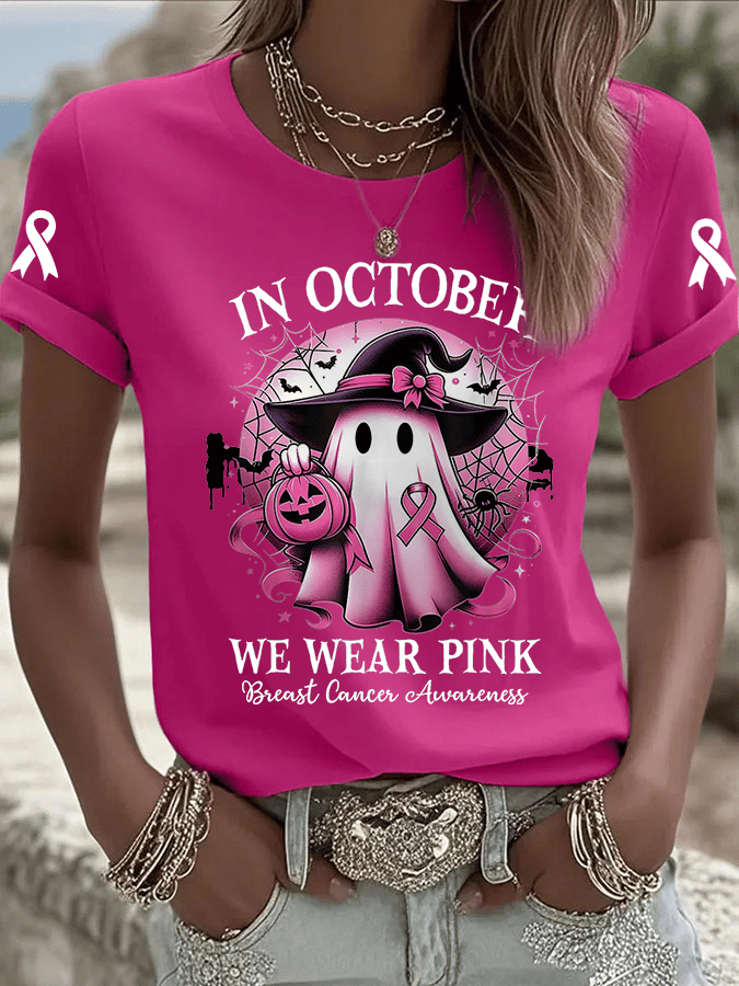 Women's In October We Wear Pink Print Crew Neck T-Shirt