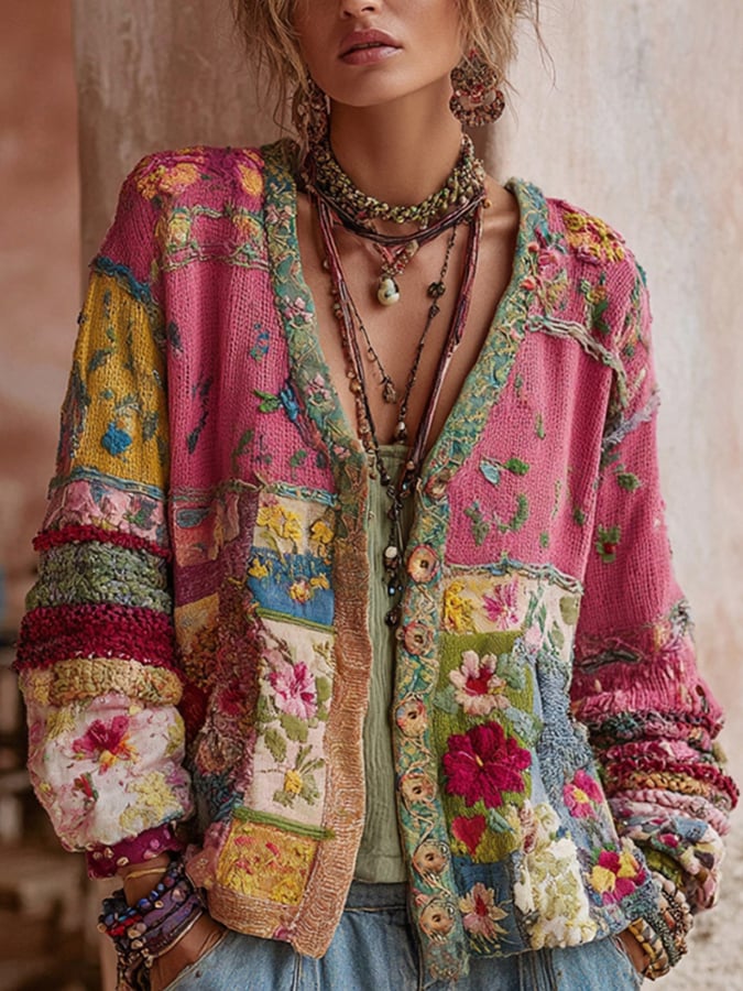 Women's Pink Vintage Embroidery Flowers Cozy Hooded Cardigan