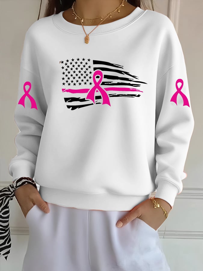 Women's Pink Breast Cancer Awareness Ribbon Distressed American Flag Sweatshirt