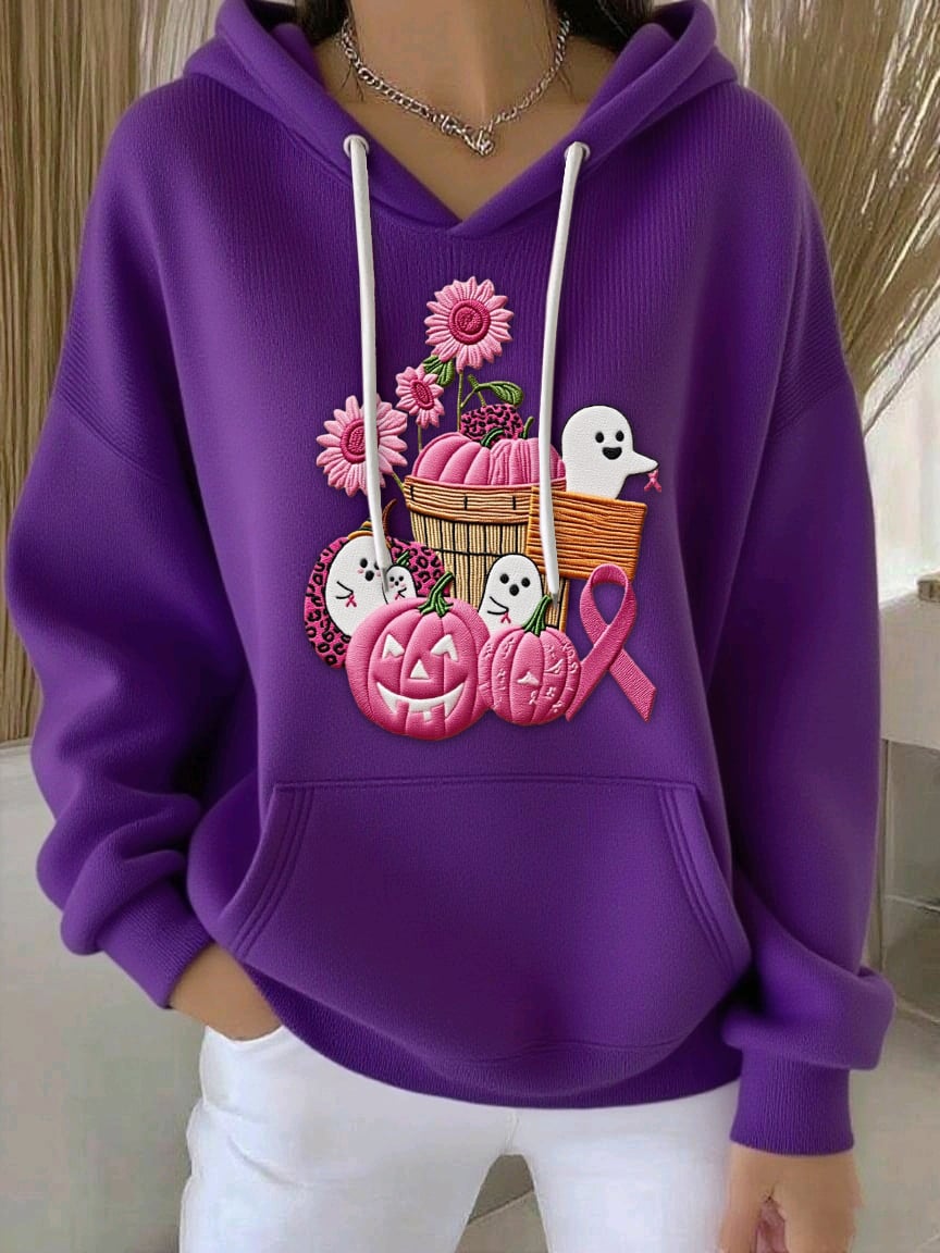 Women's Breast Cancer Sequin Pumpkin Print Casual Hoodie