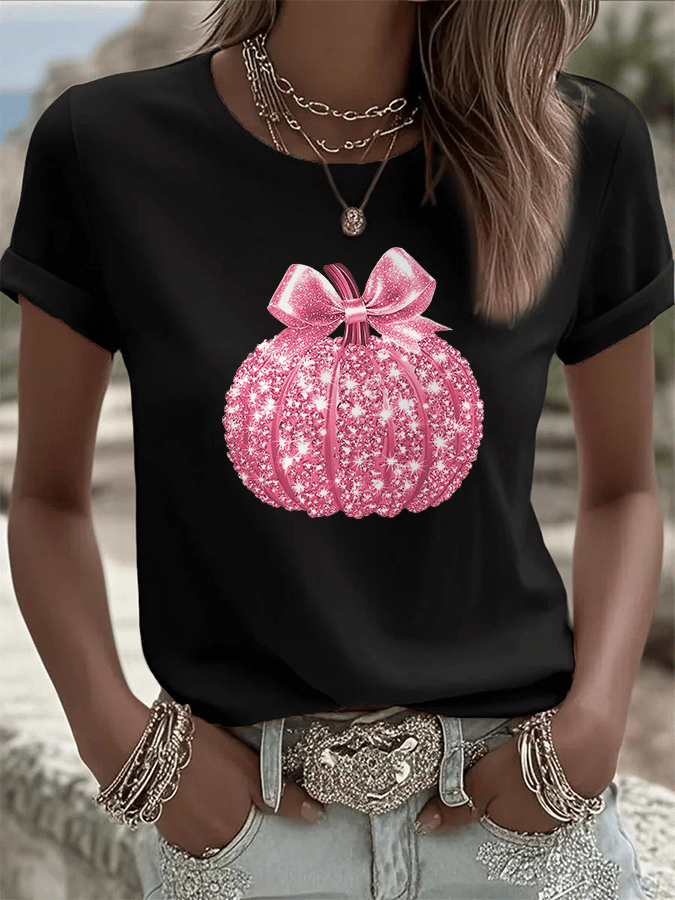 Women's Breast Cancer Sequined Pumpkin Print Crew Neck T-Shirt