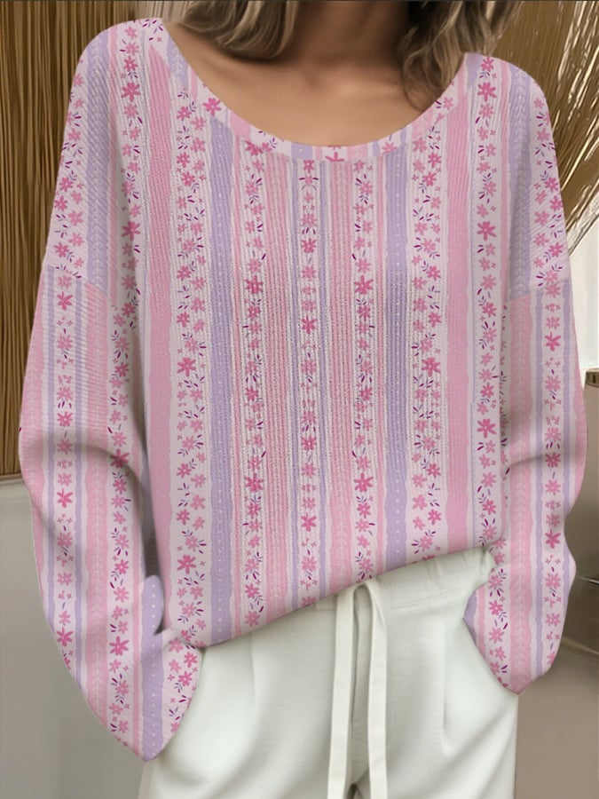 Women's Breast Cancer Flowers Print Drop Shoulder Sweater