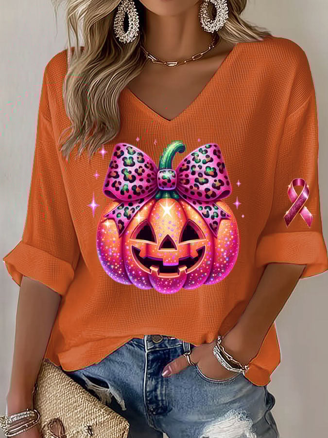 Women's Casual Breast Cancer Awareness Pumpkin Long Sleeve T-Shirt