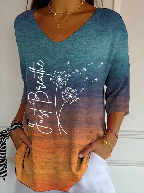 Women's Just Breathe Print V Neck Top