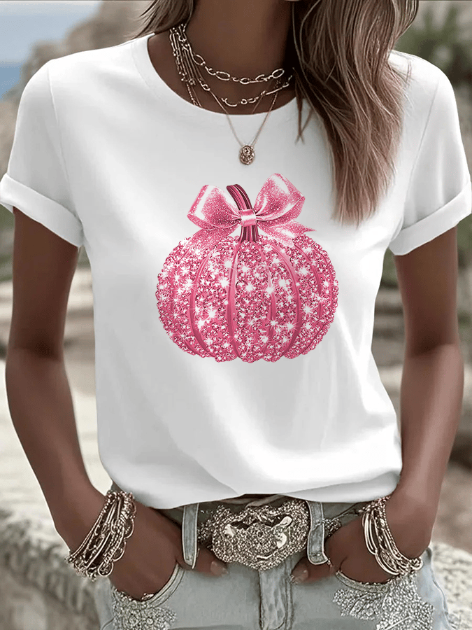Women's Breast Cancer Sequined Pumpkin Print Crew Neck T-Shirt