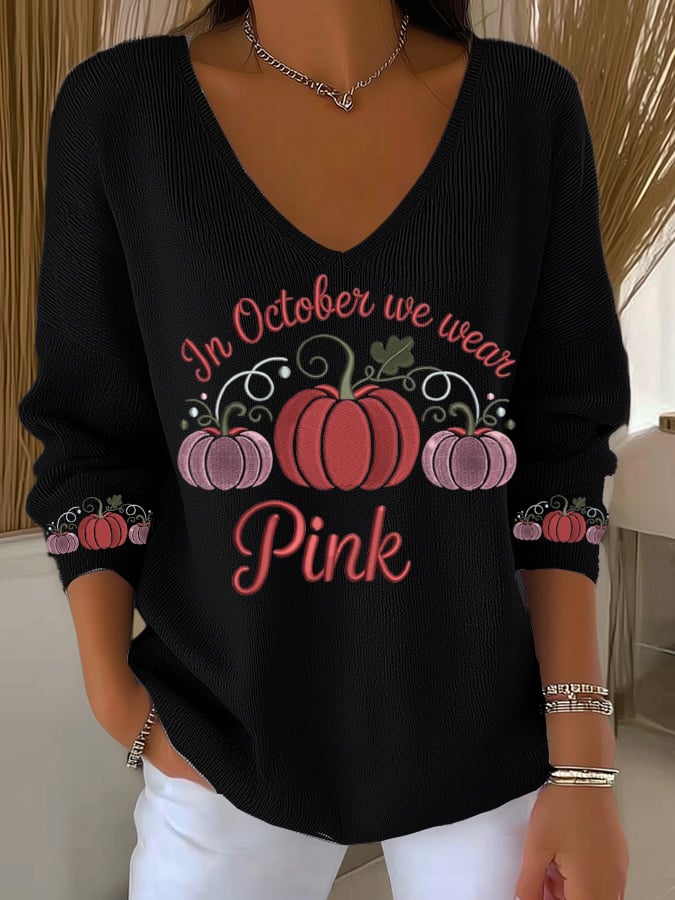 Women's Breast Cancer Pumpkin Print Long Sleeve Top
