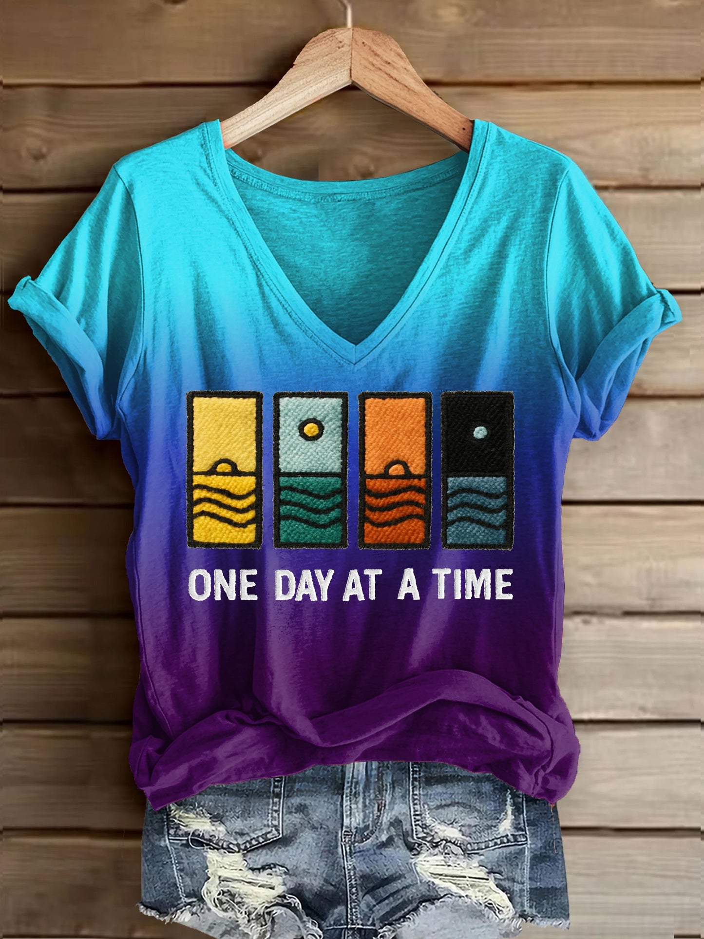 Women's Retro One Day At A Time Printed Casual T-Shirt