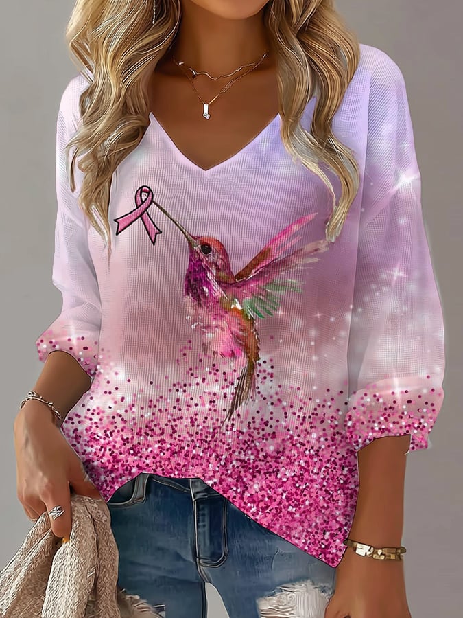 Women's Casual Pink Hummingbird Waffle Long-Sleeved T-Shirt