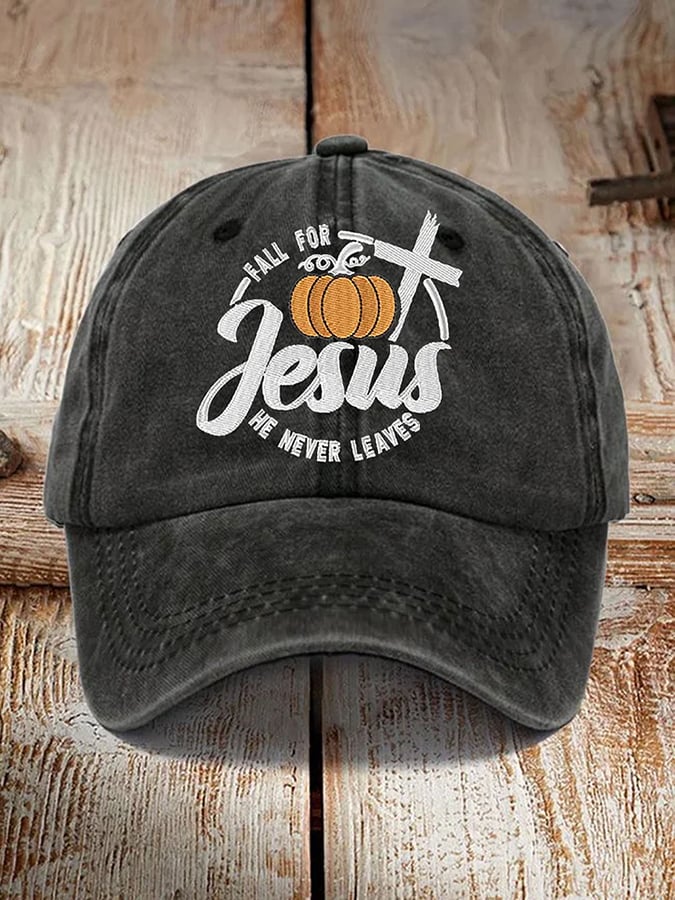 He Never Leaves Autumn Faith Baseball Cap