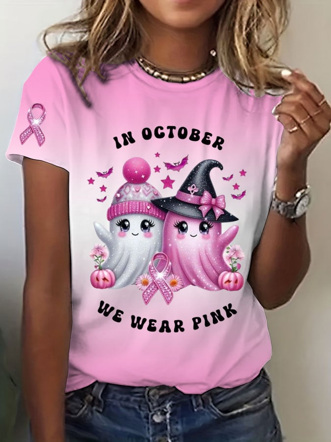 Women's Breast Cancer Printed Round Neck T-Shirt