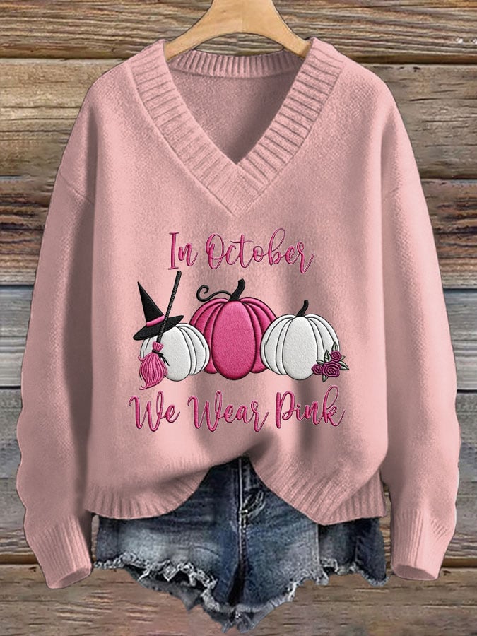 Women's Breast Cancer In October We Wear Pink V-Neck Sweater