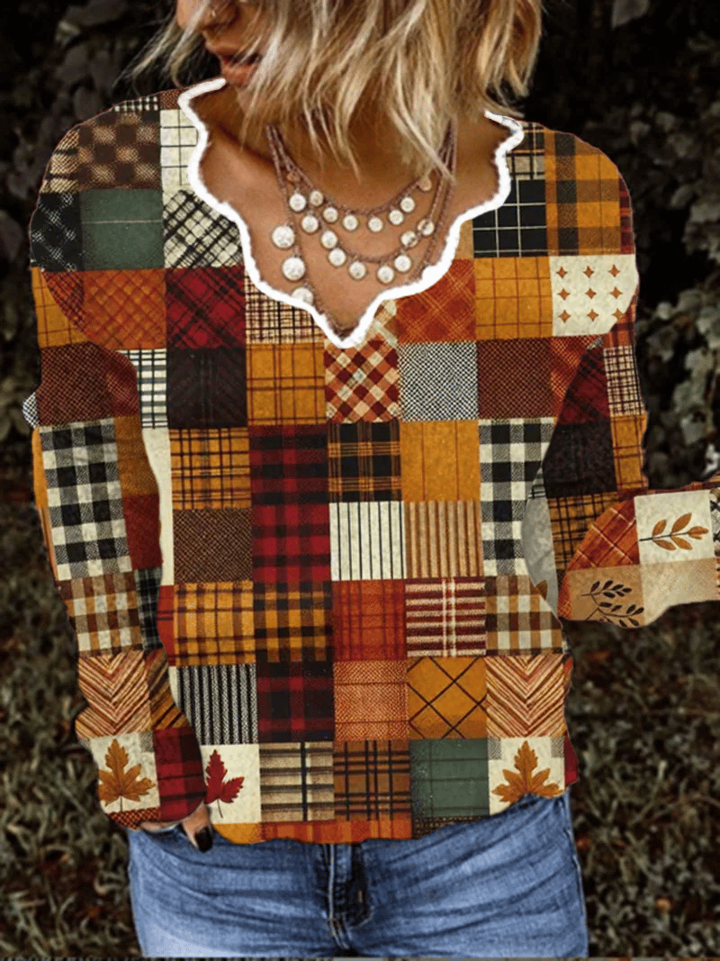 Women's Autumn Maple Leaf Checkered Pattern Printed Knit Top