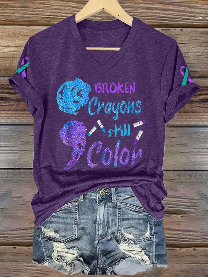 Womens Mental Health Prevention Suicide Awareness Broken Crayons Still Color Print Casual T-Shirt