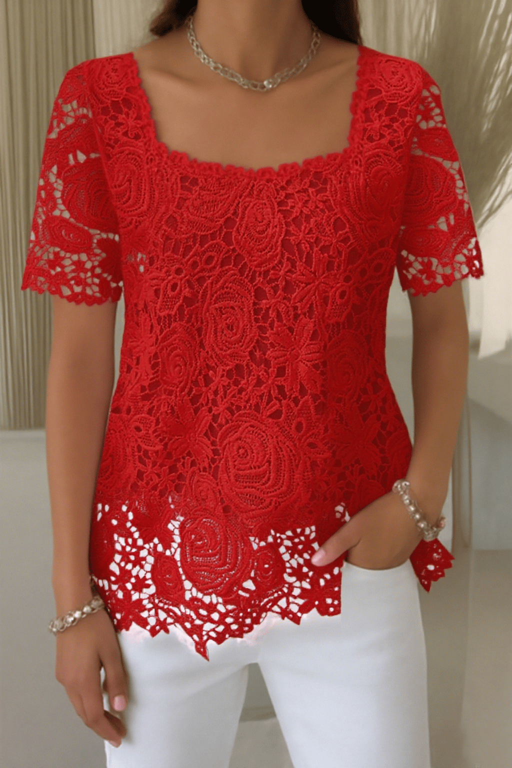 Women's Fashion Solid Color Square Neck Lace Top