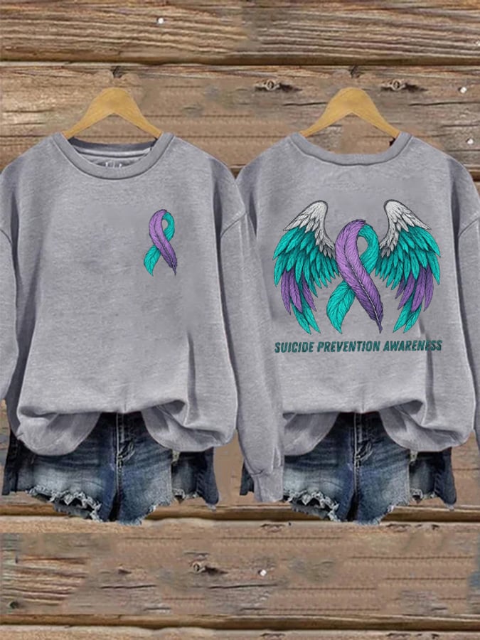 Women's Suicide Prevention Awareness Ribbon with Wings Print Casual Sweatshirt