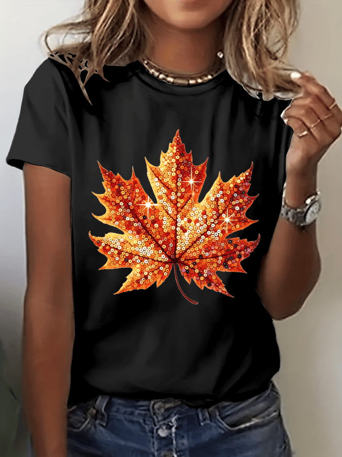 Women's Autumn Sequin Maple Leaf Print Crew Neck T-Shirt