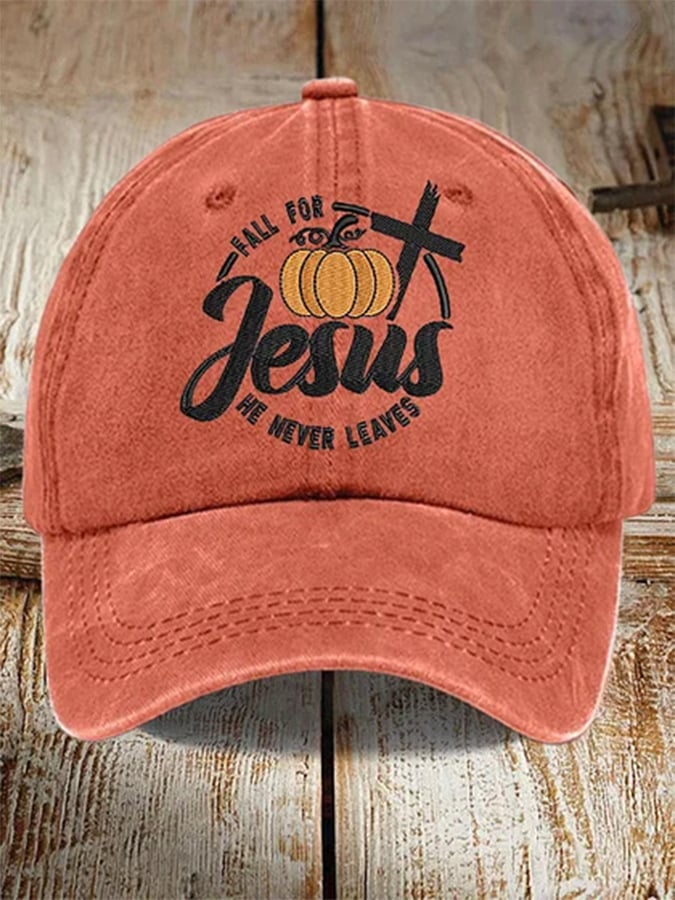 He Never Leaves Autumn Faith Baseball Cap