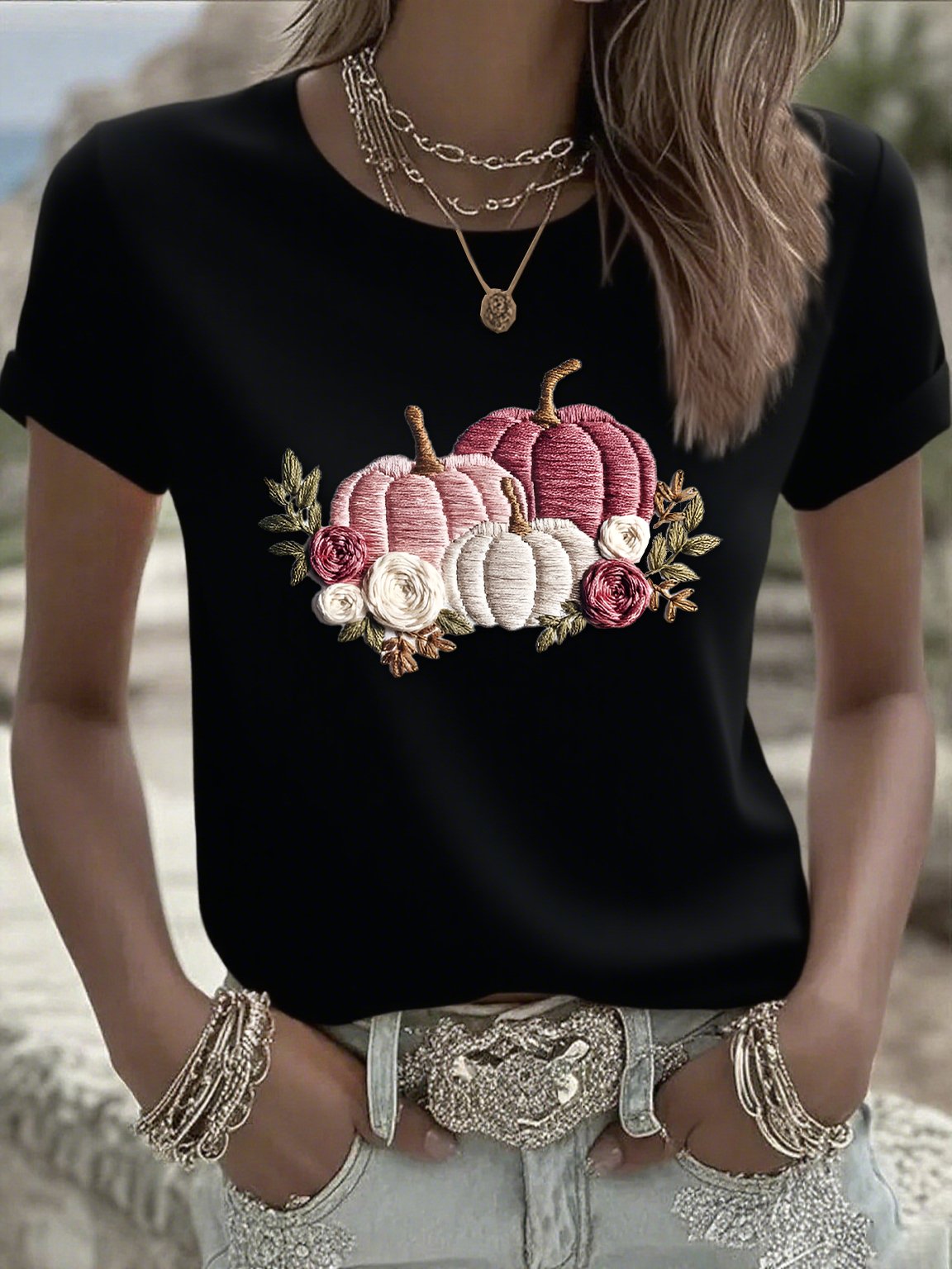 Women's casual pink pumpkin T-shirt