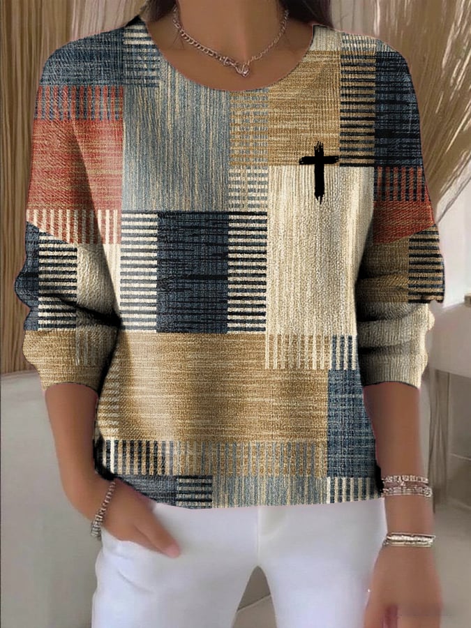 Women's Casual Retro Color Block Faith Ribbed Long-Sleeved Top