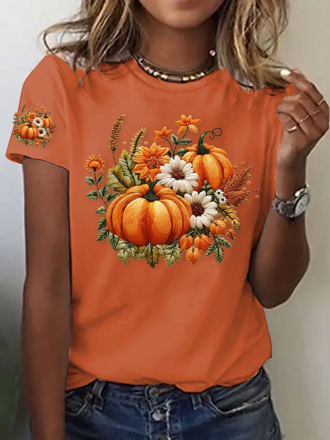 Women's Casual Autumn Pumpkin Short Sleeve T-shirt