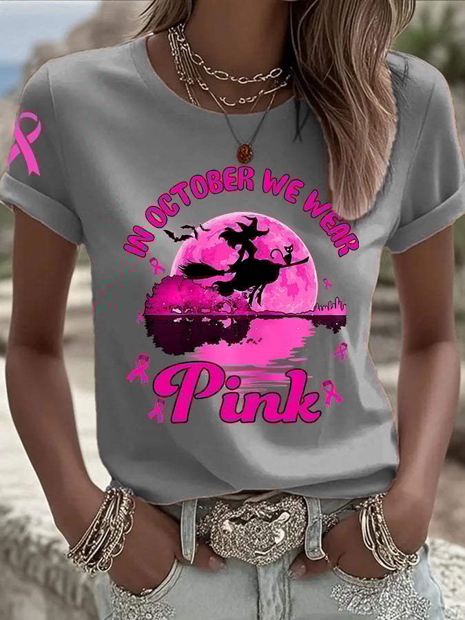 Women's In October We Wear Pink Breast Cancer Witch Print Casual T-shirt