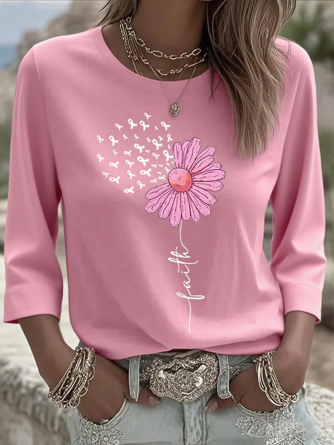 Women's Breast Cancer Faith Printed T-Shirt
