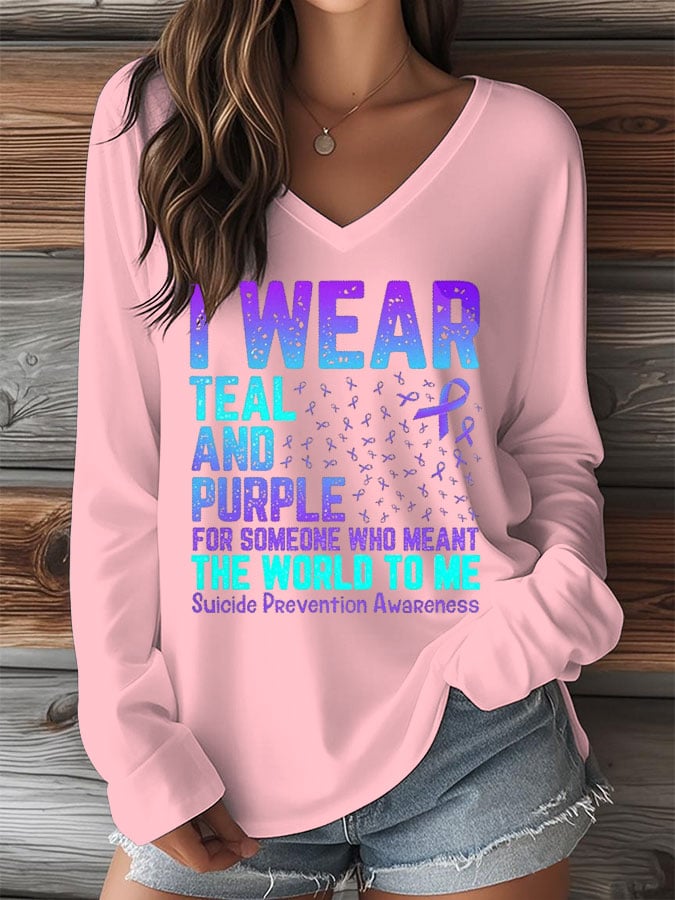 Women's Mental Health Print V-Neck Long Sleeve T-Shirt
