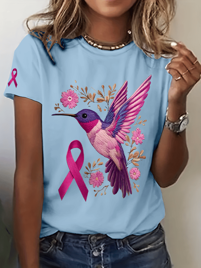 Women's Breast Cancer Hummingbird Print Crew Neck T-Shirt