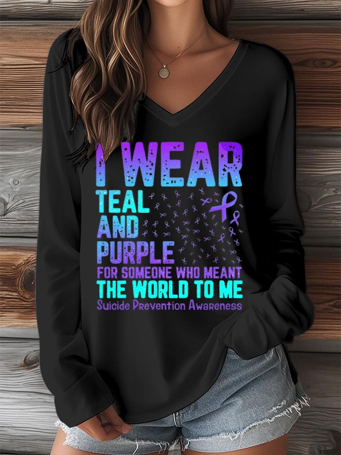 Women's Mental Health Print V-Neck Long Sleeve T-Shirt