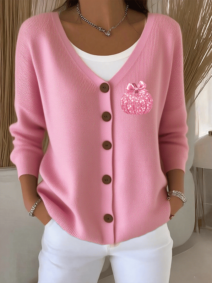Women's Breast Cancer Sequin Pumpkin Print Chunky Knit Cardigan