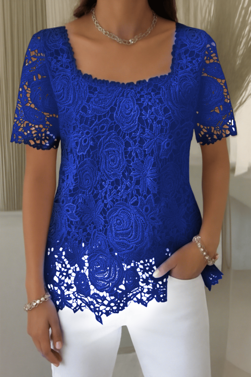 Women's Fashion Solid Color Square Neck Lace Top