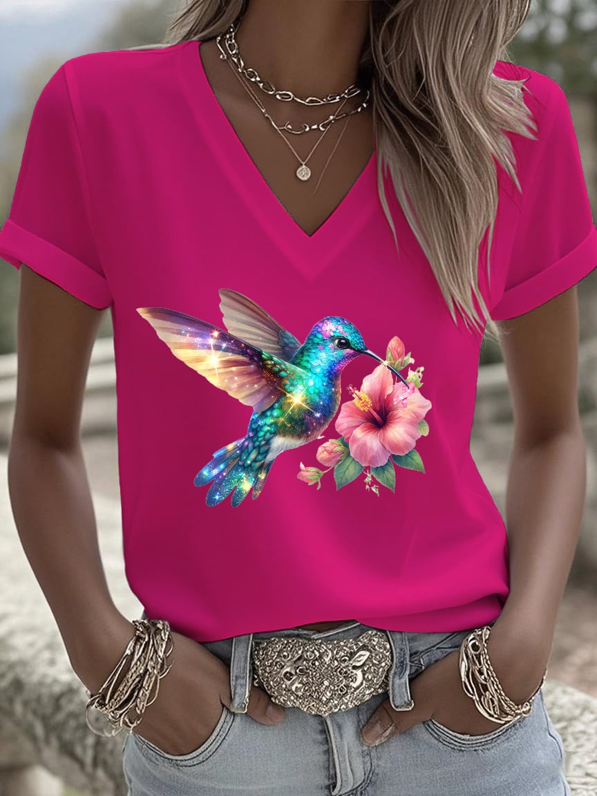 Women's Breast Cancer Awareness Hummingbird And Flower Print Short Sleeve T-Shirt