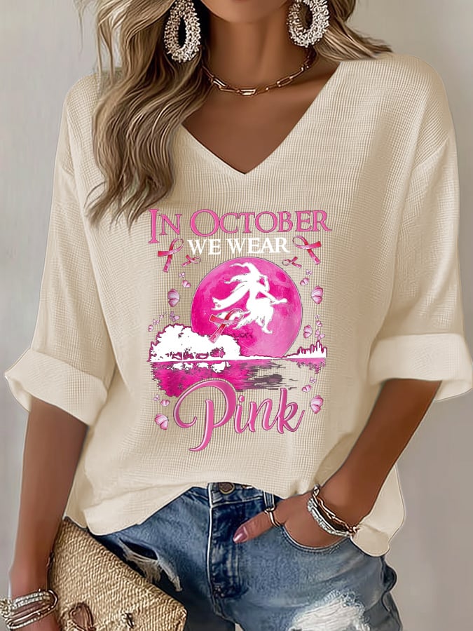 Women's Casual October We Wear Pink Witch Waffle Long Sleeve T-Shirt