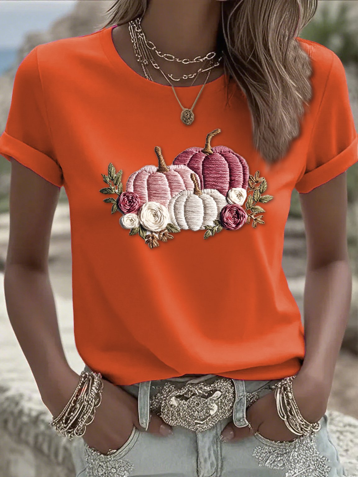 Women's casual pink pumpkin T-shirt