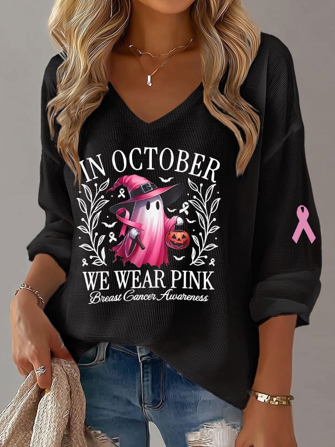 Women's Casual In October We Wear Pink Waffle Long-Sleeved T-Shirt