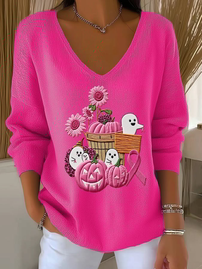 Women's Casual Pink Pumpkin Ghost Print Striped Long Sleeve Top