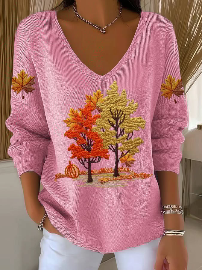 Women's Autumn Maple Leaf Striped Long-Sleeved Top
