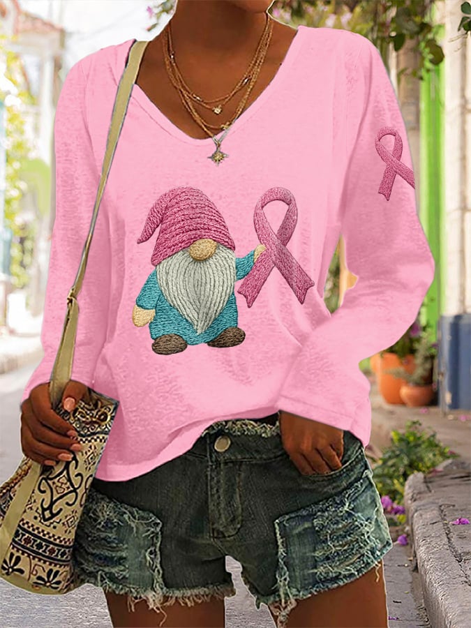 Women's Breast Cancer Awareness Print Long Sleeve V-Neck T-Shirt